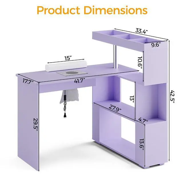 Alt view image 3 of 7 - Manicure Table, L-Shaped Nail Tech Desk with Dust Collector, Reversible Rotating Table & Storage Shelf, Acetone Resistant Beauty Salon Station, Purple