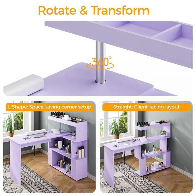 Alt view image 5 of 7 - Manicure Table, L-Shaped Nail Tech Desk with Dust Collector, Reversible Rotating Table & Storage Shelf, Acetone Resistant Beauty Salon Station, Purple