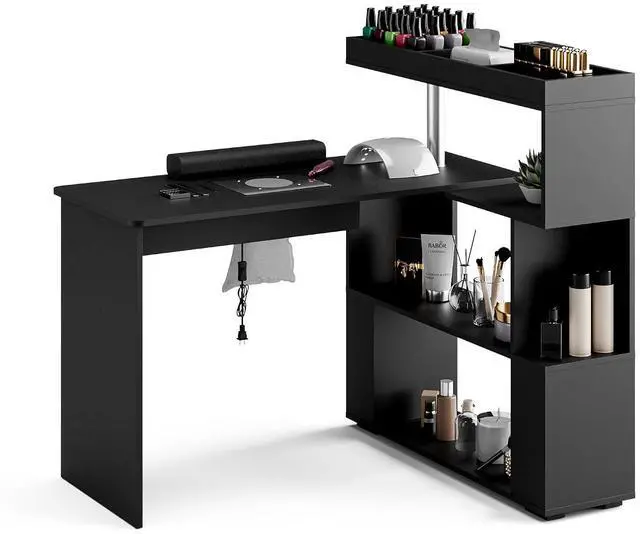 Main image of Manicure Table, L-Shaped Nail Tech Desk with Dust Collector, Reversible Rotating Table & Storage Shelf, Acetone Resistant Beauty Salon Station, Black