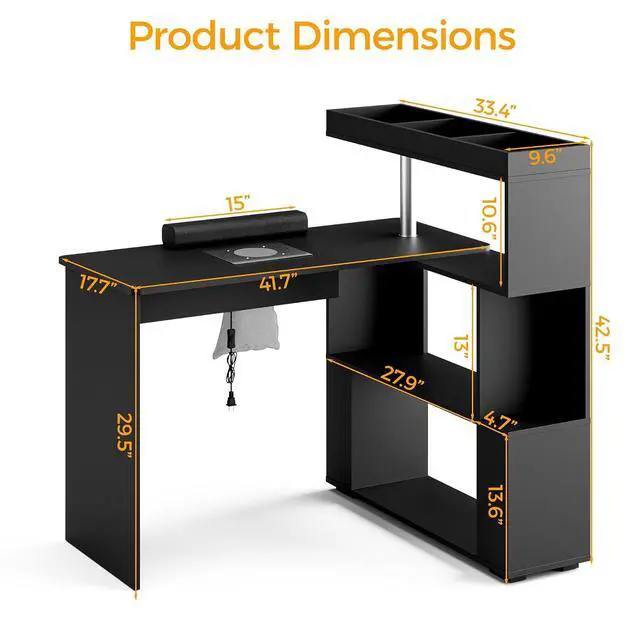 Alt view image 3 of 7 - Manicure Table, L-Shaped Nail Tech Desk with Dust Collector, Reversible Rotating Table & Storage Shelf, Acetone Resistant Beauty Salon Station, Black