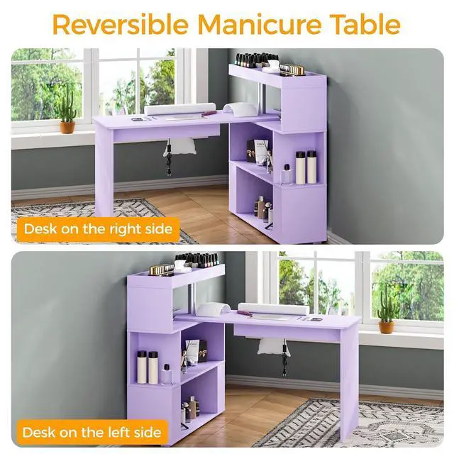 Alt view image 7 of 7 - Manicure Table, L-Shaped Nail Tech Desk with Dust Collector, Reversible Rotating Table & Storage Shelf, Acetone Resistant Beauty Salon Station, Purple