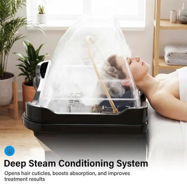 Alt view image 5 of 7 - Professional Head Spa Equipment with Thermostatic Waterfall Circulation, 60L Water Tank, Mobile Shampoo Basin with Steam & LED Therapy for Salon Scalp Care (Black)