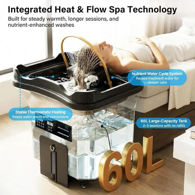 Alt view image 3 of 7 - Professional Head Spa Equipment with Thermostatic Waterfall Circulation, 60L Water Tank, Mobile Shampoo Basin with Steam & LED Therapy for Salon Scalp Care (Black)