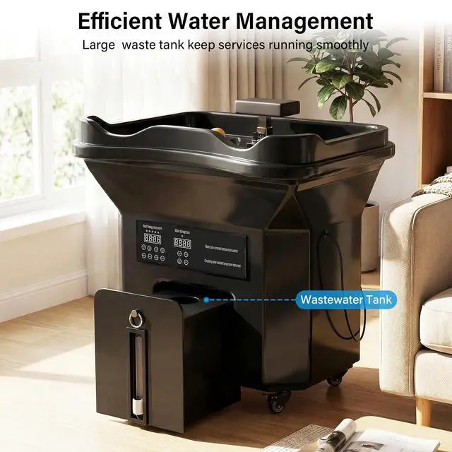 Alt view image 6 of 7 - Professional Head Spa Equipment with Thermostatic Waterfall Circulation, 60L Water Tank, Mobile Shampoo Basin with Steam & LED Therapy for Salon Scalp Care (Black)