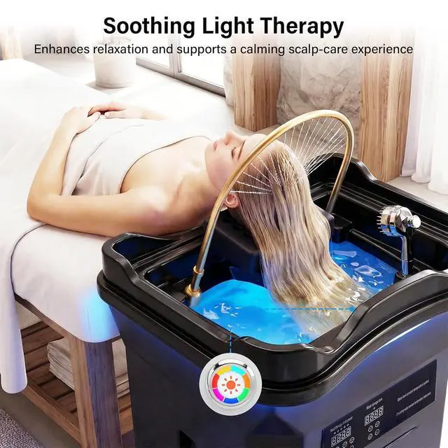 Alt view image 4 of 7 - Professional Head Spa Equipment with Thermostatic Waterfall Circulation, 60L Water Tank, Mobile Shampoo Basin with Steam & LED Therapy for Salon Scalp Care (Black)