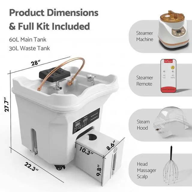 Alt view image 2 of 7 - Professional Head Spa Equipment with Thermostatic Waterfall Circulation, 60L Water Tank, Mobile Shampoo Basin with Steam & LED Therapy for Salon Scalp Care (White)