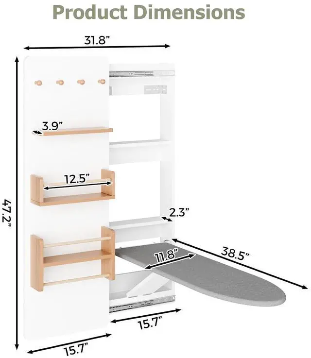 Alt view image 3 of 7 - Wall Mounted Ironing Board Cabinet with Storage, Foldable Wall Ironing Board with Sliding Door, Wall Mount Space Saving Ironing Station for Laundry Room, Living Room, Entrance