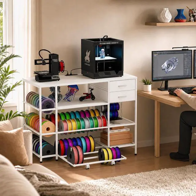 Alt view image 5 of 7 - 3D Printer Stand with Rolling Filament Drawer (White) | Heavy Duty Metal Frame, 3-Tier Filament Storage, Built-in Power Outlet, 65 Spools Capacity for Garage, Studio, and Office