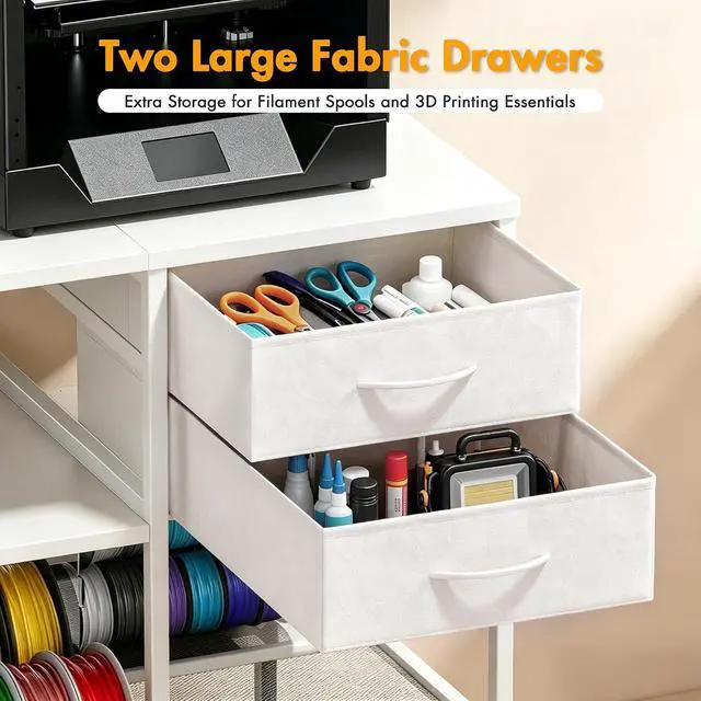 Alt view image 7 of 7 - 3D Printer Stand with Rolling Filament Drawer (White) | Heavy Duty Metal Frame, 3-Tier Filament Storage, Built-in Power Outlet, 65 Spools Capacity for Garage, Studio, and Office