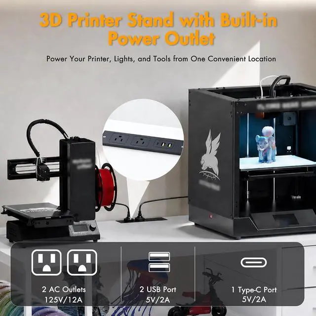 Alt view image 6 of 7 - 3D Printer Stand with Rolling Filament Drawer (White) | Heavy Duty Metal Frame, 3-Tier Filament Storage, Built-in Power Outlet, 65 Spools Capacity for Garage, Studio, and Office