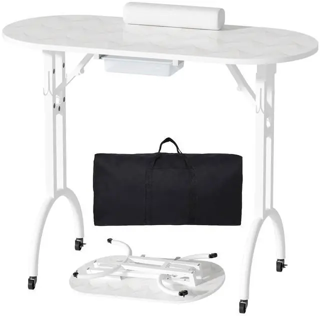 Main image of Foldable Nail Tech Desk, Portable Manicure Table for Home & Travel, White | Portable Rolling Manicure Desk w/ Drawer, Mobile Foldable Nail Table, Wrist Cushion, Lockable Wheels, 4 Hooks, Carrying Case