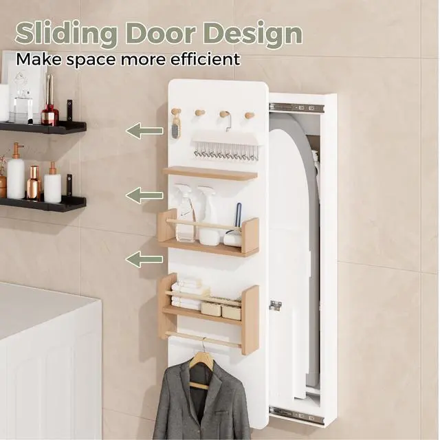 Alt view image 4 of 7 - Wall Mounted Ironing Board Cabinet with Storage, Foldable Wall Ironing Board with Sliding Door, Wall Mount Space Saving Ironing Station for Laundry Room, Living Room, Entrance