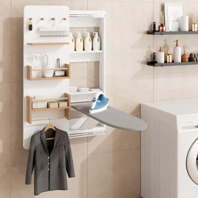 Alt view image 7 of 7 - Wall Mounted Ironing Board Cabinet with Storage, Foldable Wall Ironing Board with Sliding Door, Wall Mount Space Saving Ironing Station for Laundry Room, Living Room, Entrance