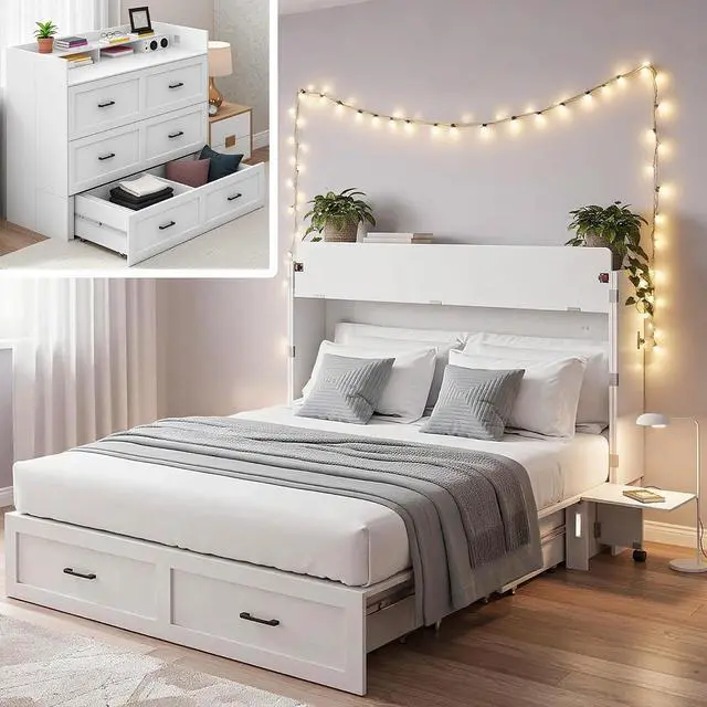 Main image of Murphy Bed with Motion Sensor Lights, Full Size Murphy Cabinet Bed Hideaway Bed with Storage & Charging Station for Bedroom/Guest Room/Office, Foldable Platform Bed Frame, White