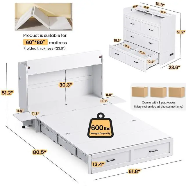 Alt view image 3 of 7 - Murphy Bed with Storage & Charging Station, Queen Size Murphy Cabinet Bed Hideaway Bed with Motion Sensor Lights for Bedroom/Guest Room/Office, Foldable Platform Bed Frame, White