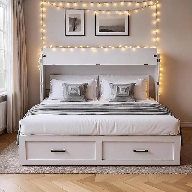 Alt view image 2 of 7 - Murphy Bed with Motion Sensor Lights, Full Size Murphy Cabinet Bed Hideaway Bed with Storage & Charging Station for Bedroom/Guest Room/Office, Foldable Platform Bed Frame, White