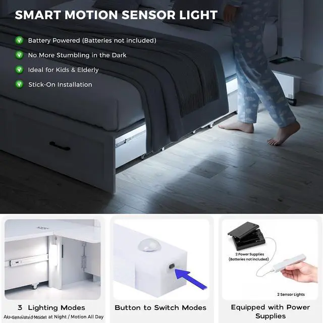 Alt view image 4 of 7 - Murphy Bed with Motion Sensor Lights, Full Size Murphy Cabinet Bed Hideaway Bed with Storage & Charging Station for Bedroom/Guest Room/Office, Foldable Platform Bed Frame, White