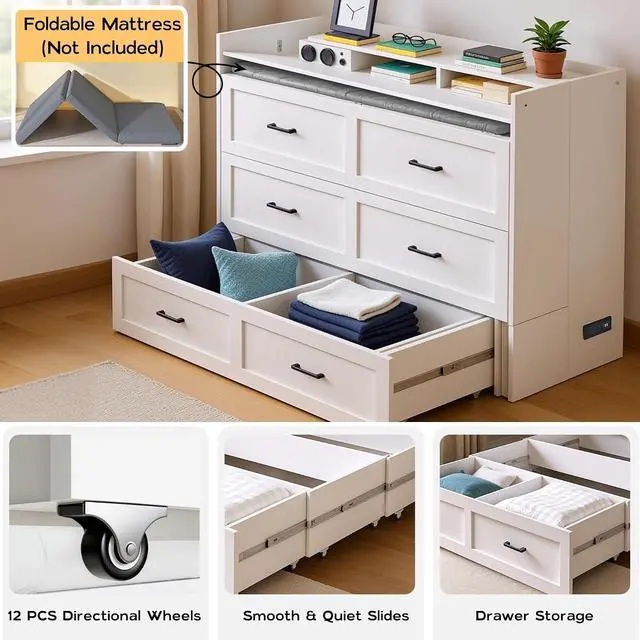 Alt view image 6 of 7 - Murphy Bed with Motion Sensor Lights, Full Size Murphy Cabinet Bed Hideaway Bed with Storage & Charging Station for Bedroom/Guest Room/Office, Foldable Platform Bed Frame, White