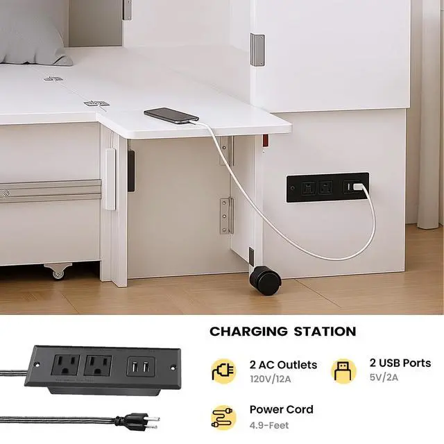 Alt view image 5 of 7 - Murphy Bed with Motion Sensor Lights, Full Size Murphy Cabinet Bed Hideaway Bed with Storage & Charging Station for Bedroom/Guest Room/Office, Foldable Platform Bed Frame, White