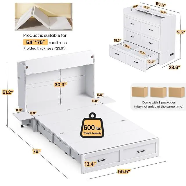 Alt view image 3 of 7 - Murphy Bed with Motion Sensor Lights, Full Size Murphy Cabinet Bed Hideaway Bed with Storage & Charging Station for Bedroom/Guest Room/Office, Foldable Platform Bed Frame, White