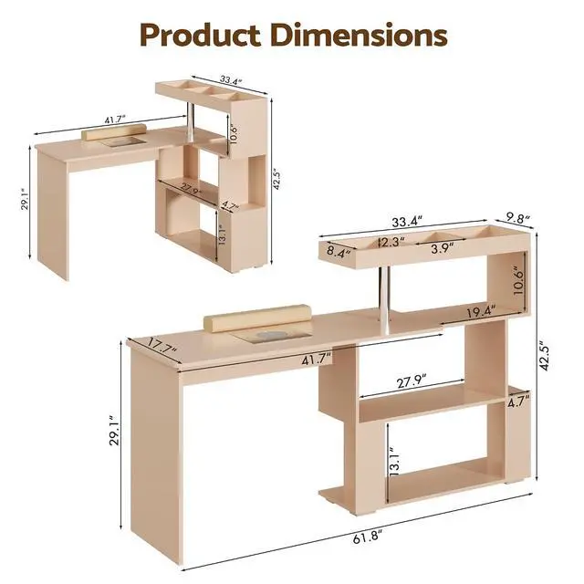 Alt view image 2 of 7 - Manicure Table, L-Shaped Nail Tech Desk with Dust Collector, Reversible Rotating Table & Storage Shelf, Acetone Resistant Beauty Salon Station, Champagne