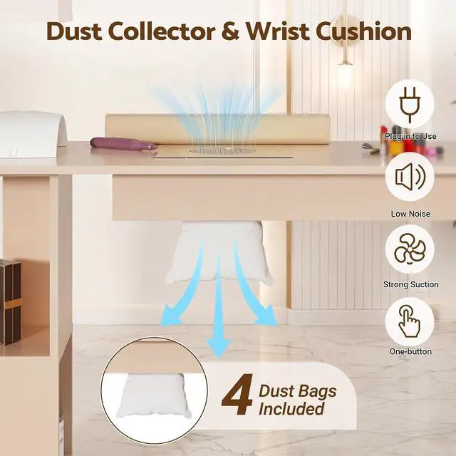 Alt view image 3 of 7 - Manicure Table, L-Shaped Nail Tech Desk with Dust Collector, Reversible Rotating Table & Storage Shelf, Acetone Resistant Beauty Salon Station, Champagne