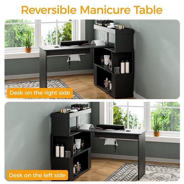 Alt view image 7 of 7 - Manicure Table, L-Shaped Nail Tech Desk with Dust Collector, Reversible Rotating Table & Storage Shelf, Acetone Resistant Beauty Salon Station, Black