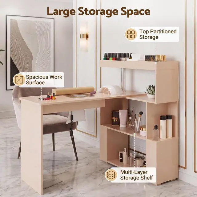 Alt view image 4 of 7 - Manicure Table, L-Shaped Nail Tech Desk with Dust Collector, Reversible Rotating Table & Storage Shelf, Acetone Resistant Beauty Salon Station, Champagne