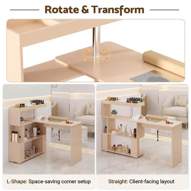 Alt view image 5 of 7 - Manicure Table, L-Shaped Nail Tech Desk with Dust Collector, Reversible Rotating Table & Storage Shelf, Acetone Resistant Beauty Salon Station, Champagne