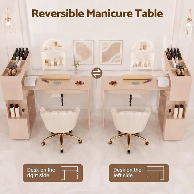 Alt view image 6 of 7 - Manicure Table, L-Shaped Nail Tech Desk with Dust Collector, Reversible Rotating Table & Storage Shelf, Acetone Resistant Beauty Salon Station, Champagne