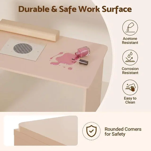 Alt view image 7 of 7 - Manicure Table, L-Shaped Nail Tech Desk with Dust Collector, Reversible Rotating Table & Storage Shelf, Acetone Resistant Beauty Salon Station, Champagne