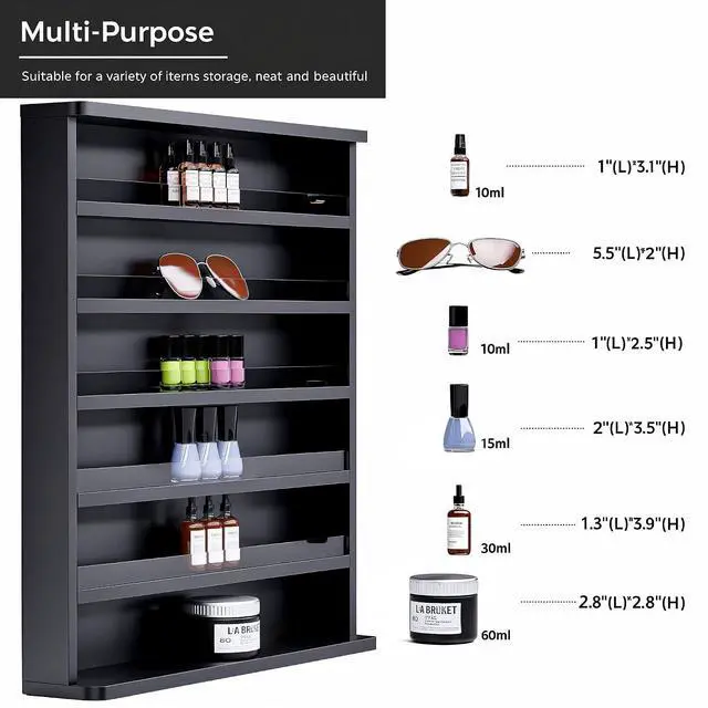Alt view image 4 of 7 - Wood Nail Polish Organizer, Wall Mount Polish Rack w/Acrylic Baffles, 6 Layers Nail Salon Storage Display Shelf, Holds 120+Bottles Perfume Essential Oil, Black