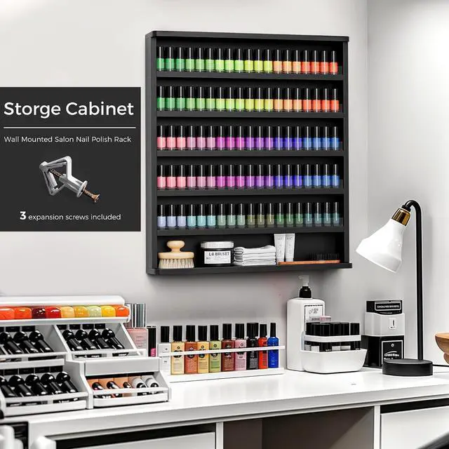 Alt view image 5 of 7 - Wood Nail Polish Organizer, Wall Mount Polish Rack w/Acrylic Baffles, 6 Layers Nail Salon Storage Display Shelf, Holds 120+Bottles Perfume Essential Oil, Black