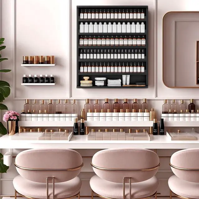 Alt view image 7 of 7 - Wood Nail Polish Organizer, Wall Mount Polish Rack w/Acrylic Baffles, 6 Layers Nail Salon Storage Display Shelf, Holds 120+Bottles Perfume Essential Oil, Black
