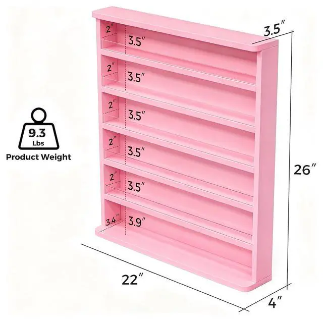 Alt view image 3 of 7 - Wood Nail Polish Organizer, Wall Mount Polish Rack w/Acrylic Baffles, 6 Layers Nail Salon Storage Display Shelf, Holds 120+Bottles Perfume Essential Oil, 2 Packs, Pink