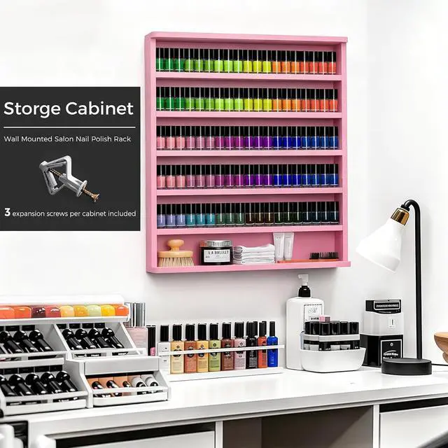 Alt view image 5 of 7 - Wood Nail Polish Organizer, Wall Mount Polish Rack w/Acrylic Baffles, 6 Layers Nail Salon Storage Display Shelf, Holds 120+Bottles Perfume Essential Oil, 2 Packs, Pink