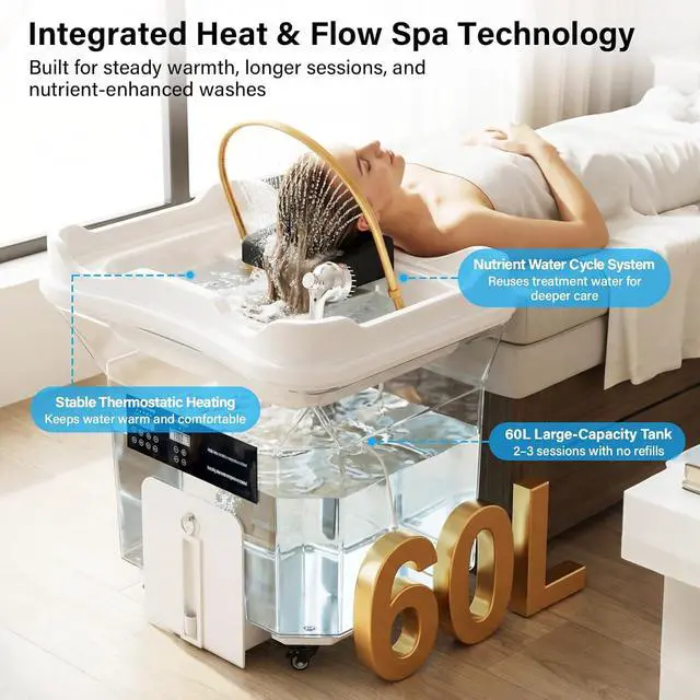 Alt view image 3 of 7 - Professional Head Spa Equipment with Thermostatic Waterfall Circulation, 60L Water Tank, Mobile Shampoo Basin with Steam & LED Therapy for Salon Scalp Care (White)
