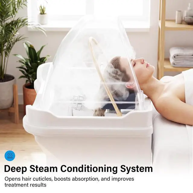 Alt view image 5 of 7 - Professional Head Spa Equipment with Thermostatic Waterfall Circulation, 60L Water Tank, Mobile Shampoo Basin with Steam & LED Therapy for Salon Scalp Care (White)