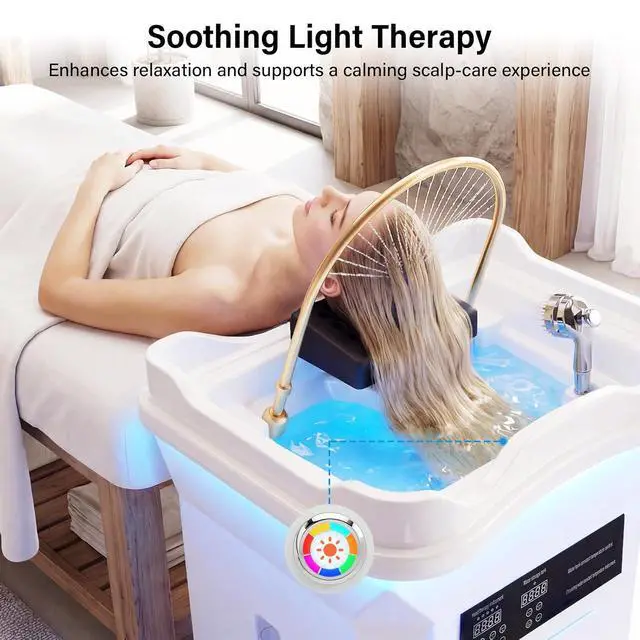 Alt view image 4 of 7 - Professional Head Spa Equipment with Thermostatic Waterfall Circulation, 60L Water Tank, Mobile Shampoo Basin with Steam & LED Therapy for Salon Scalp Care (White)