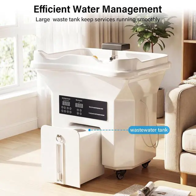 Alt view image 6 of 7 - Professional Head Spa Equipment with Thermostatic Waterfall Circulation, 60L Water Tank, Mobile Shampoo Basin with Steam & LED Therapy for Salon Scalp Care (White)