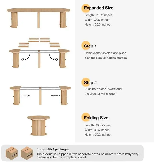 Alt view image 2 of 7 - 38.6" to 110.2" Modern Extendable Dining Table with Storage (Oak) | Expandable Fluted Round Table for 2-12 People, Space Saving Table for Party Weddings Meetings Celebrations