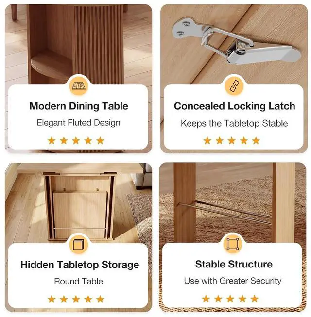 Alt view image 7 of 7 - 38.6" to 110.2" Modern Extendable Dining Table with Storage (Oak) | Expandable Fluted Round Table for 2-12 People, Space Saving Table for Party Weddings Meetings Celebrations