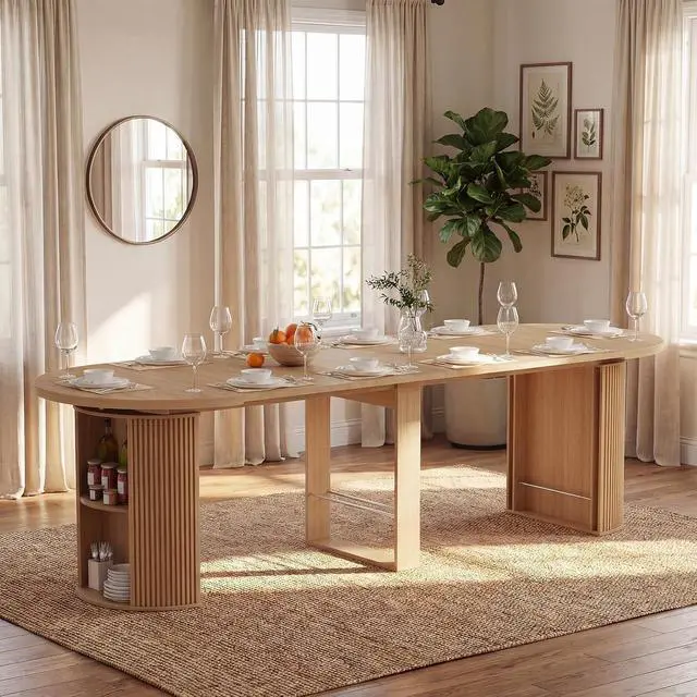 Alt view image 5 of 7 - Modern Extendable Round Dining Table with Storage | 38.6" to 110.2" Expandable Fluted Table for 2-12 People, Space Saving Table for Party, Celebration