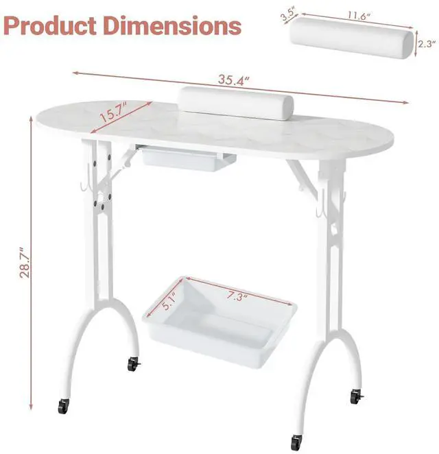 Alt view image 2 of 7 - Foldable Nail Tech Desk, Portable Manicure Table for Home & Travel, White | Portable Rolling Manicure Desk w/ Drawer, Mobile Foldable Nail Table, Wrist Cushion, Lockable Wheels, 4 Hooks, Carrying Case