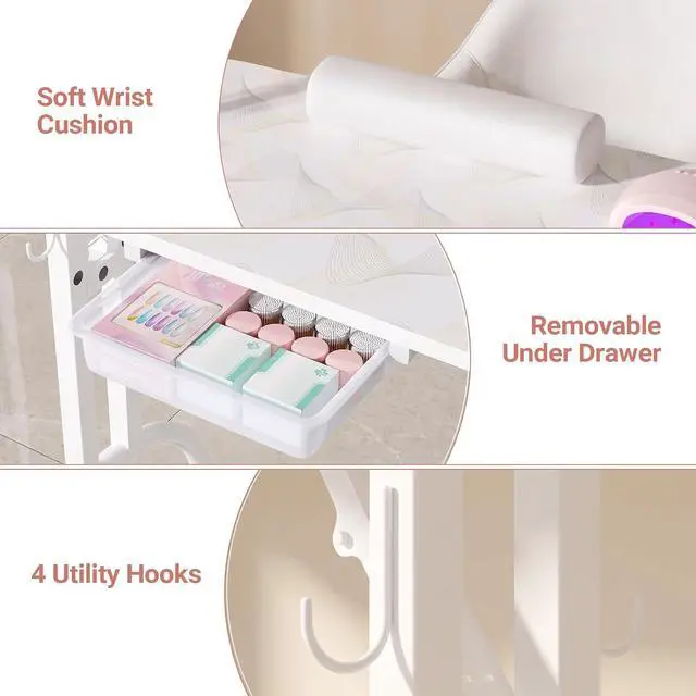 Alt view image 4 of 7 - Foldable Nail Tech Desk, Portable Manicure Table for Home & Travel, White | Portable Rolling Manicure Desk w/ Drawer, Mobile Foldable Nail Table, Wrist Cushion, Lockable Wheels, 4 Hooks, Carrying Case