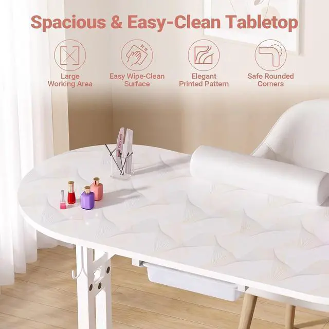 Alt view image 5 of 7 - Foldable Nail Tech Desk, Portable Manicure Table for Home & Travel, White | Portable Rolling Manicure Desk w/ Drawer, Mobile Foldable Nail Table, Wrist Cushion, Lockable Wheels, 4 Hooks, Carrying Case
