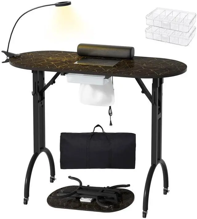 Main image of Foldable Portable Nail Desk Manicure Table w/ Dust Collector & Lamp, Black | Rolling Nail Station w/ Drawer, Mobile Manicure Desk, Home Travel Salon, Wrist Cushion, Lockable Wheels, 4 Hooks, Dust Bags
