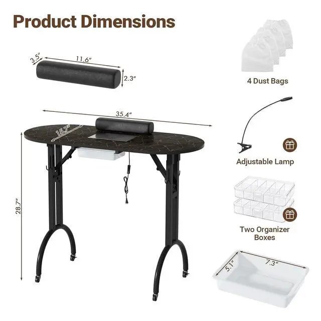 Alt view image 2 of 7 - Foldable Portable Nail Desk Manicure Table w/ Dust Collector & Lamp, Black | Rolling Nail Station w/ Drawer, Mobile Manicure Desk, Home Travel Salon, Wrist Cushion, Lockable Wheels, 4 Hooks, Dust Bags
