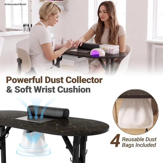 Alt view image 4 of 7 - Foldable Portable Nail Desk Manicure Table w/ Dust Collector & Lamp, Black | Rolling Nail Station w/ Drawer, Mobile Manicure Desk, Home Travel Salon, Wrist Cushion, Lockable Wheels, 4 Hooks, Dust Bags