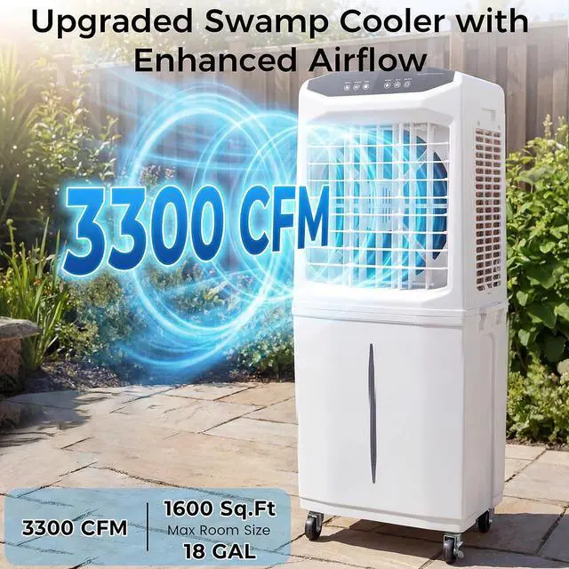 Alt view image 2 of 7 - 18Gal Swamp Cooler, 3300CFM Evaporative Cooler with Detachable Foldable Water Tank,120°Oscillation,12H Timer,3 Speeds,Portable Air Conditioner for Room,Indoor,Outdoor (white, 18 GAL)
